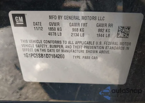 2013 Chevrolet Cruze 1Lt Auto z USA, uszkodzony, nr VIN 1G1PC5SB1D7184260